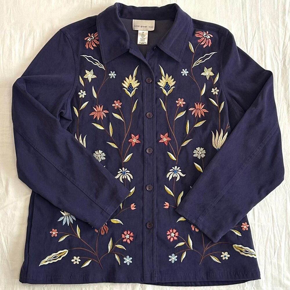 Susan Graver Floral Embroidery Navy Lined Shacket Sz M Boho Fairy‎ Whimsigoth
